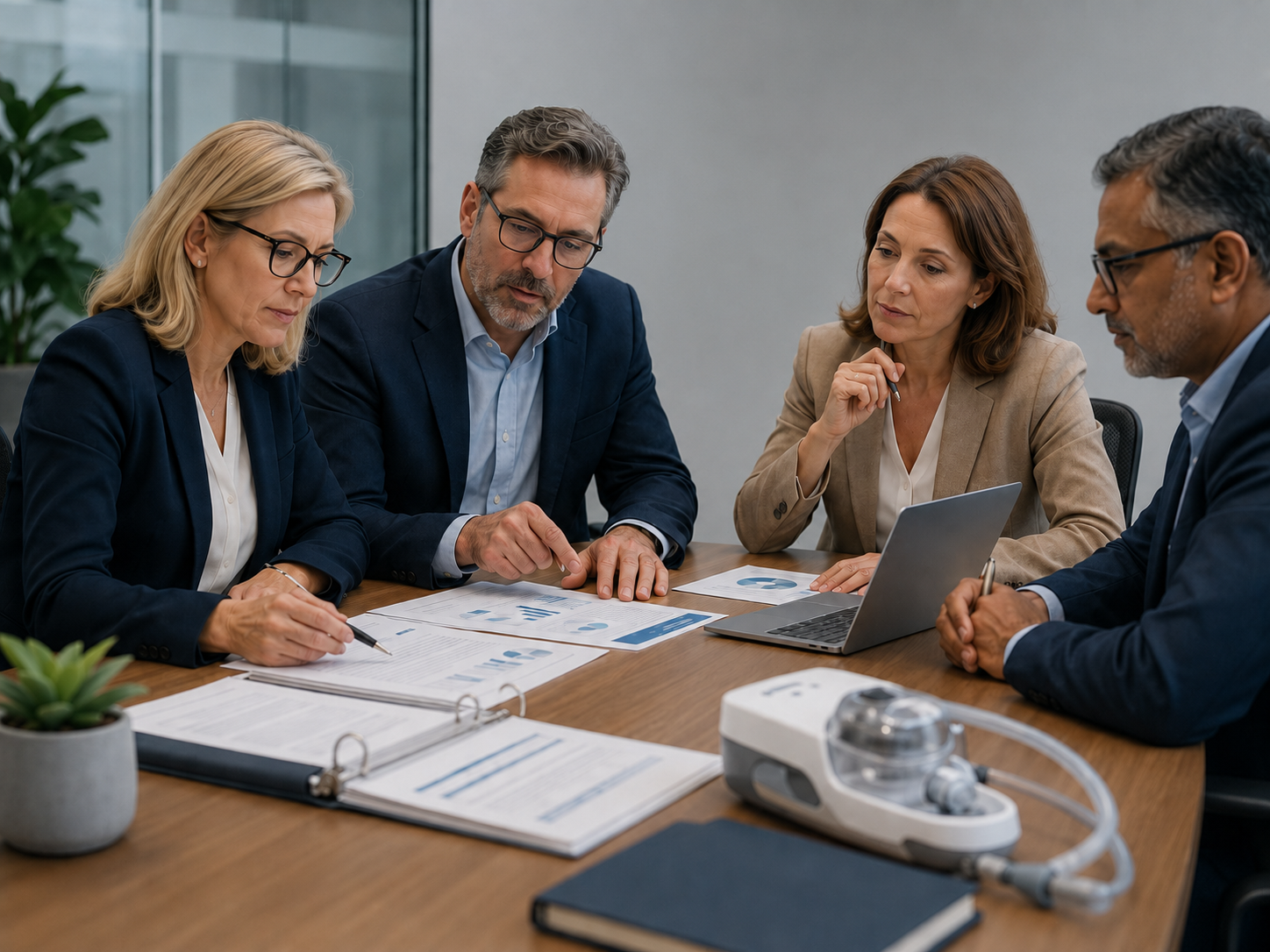Quality and regulatory team reviewing medical device technical documentation and post-market data